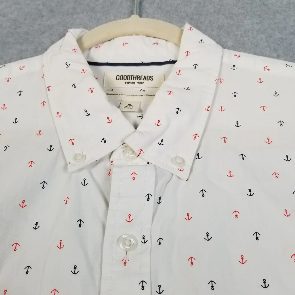 Goodthreads Button Up Shirt Mens XL Anchor Print Sheer Short Sleeves Nautical
